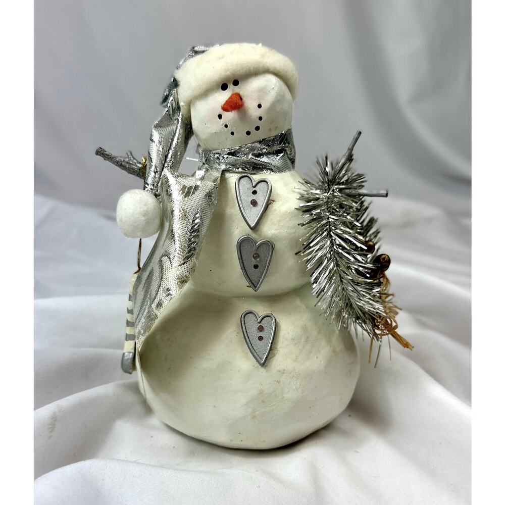 Vintage Snowman Figurine Silver Hat Heart Buttons Wreath Stocking